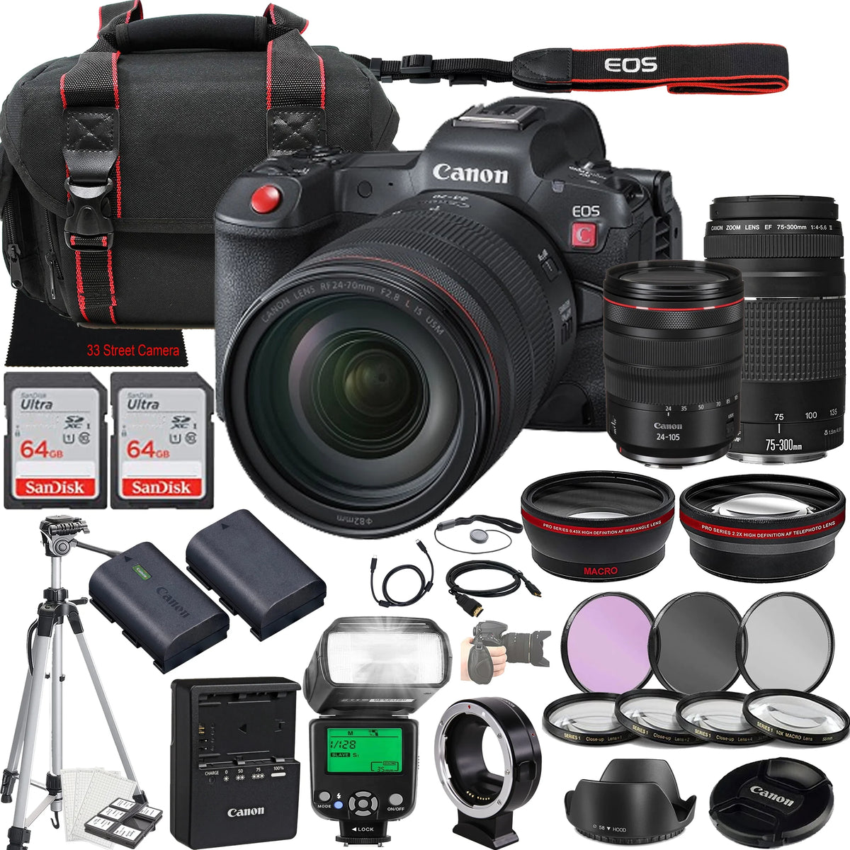 EOS R5 C Mirrorless Cinema Camera w/RF 24-105mm f/4 L IS USM Lens + EF 75-300mm f/4-5.6 III Lens + 2X 64GB Memory + Filters + TTL Flash + More (35pc Bundle)