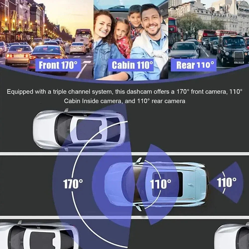 JLLOM Car Dash Cam 1080P Dual Lens Front/Rear/Inside G-sensor Video Recorder Monitor System
