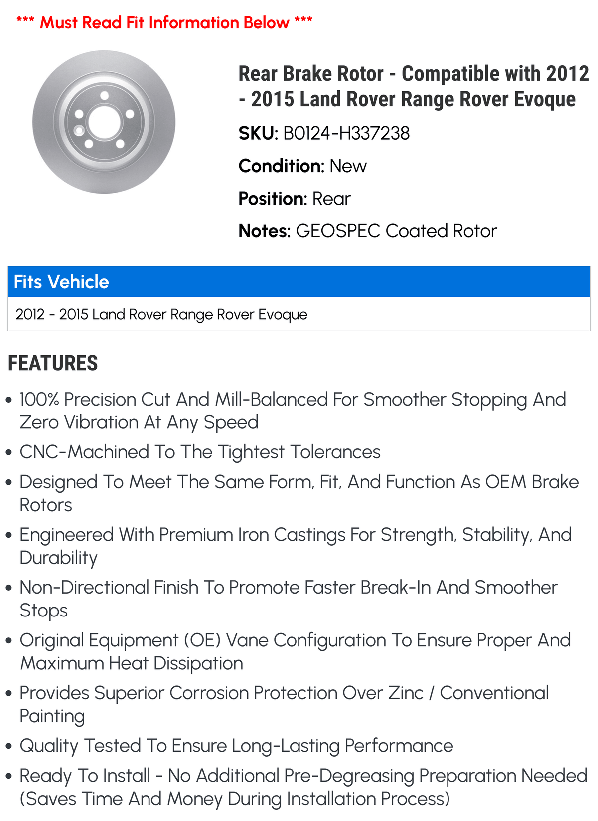 Rear Brake Rotor - matching with 2012 - 2015 Land Rover Range Rover Evoque 2013 2014