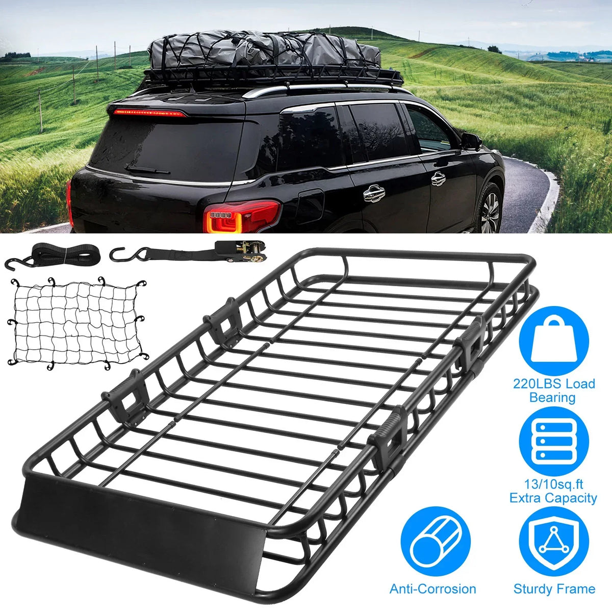 Capacity Roof Rack Basket with Elastic Net and 10 Hooks, 63x39x6.3in, Black. Universal Roof Rack Cargo Carrier, iMounTEK Extension Car Top Luggage Basket, 220 lb