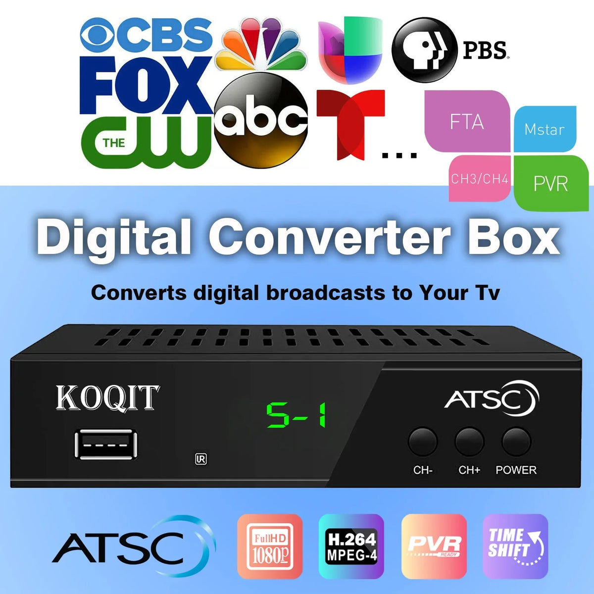 ATSC TV Tuner Digital Converter Box Recorders tv to USB, Multimedia Box, Digital Clock 12/24 Hours, OTA Analog to Digital, Coax to HDMI Set Top Box