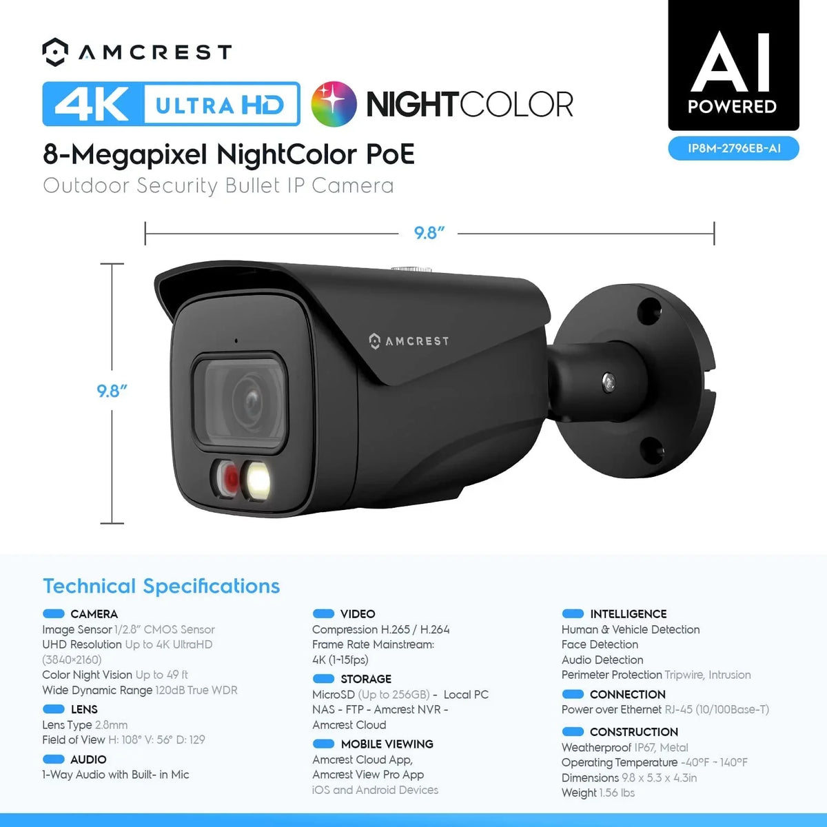 Amcrest 4K IP PoE AI Camera UltraHD 8MP Security Outdoor Camera, FOV 129°, 49ft Color Nightvision, Human & Vehicle Detection, IP67 Weatherproof, 4K (3840x2160) @15fps, Black, IP8M-2796EB-AI