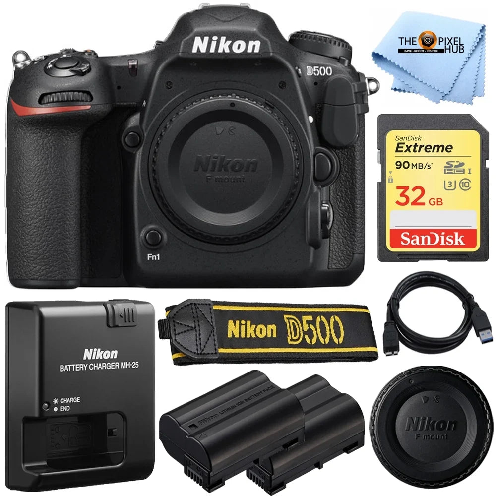 D500 20.9MP 4K WiFi DSLR Camera (Body Only) + Extra Battery + Sandisk 32GB SD Bundle