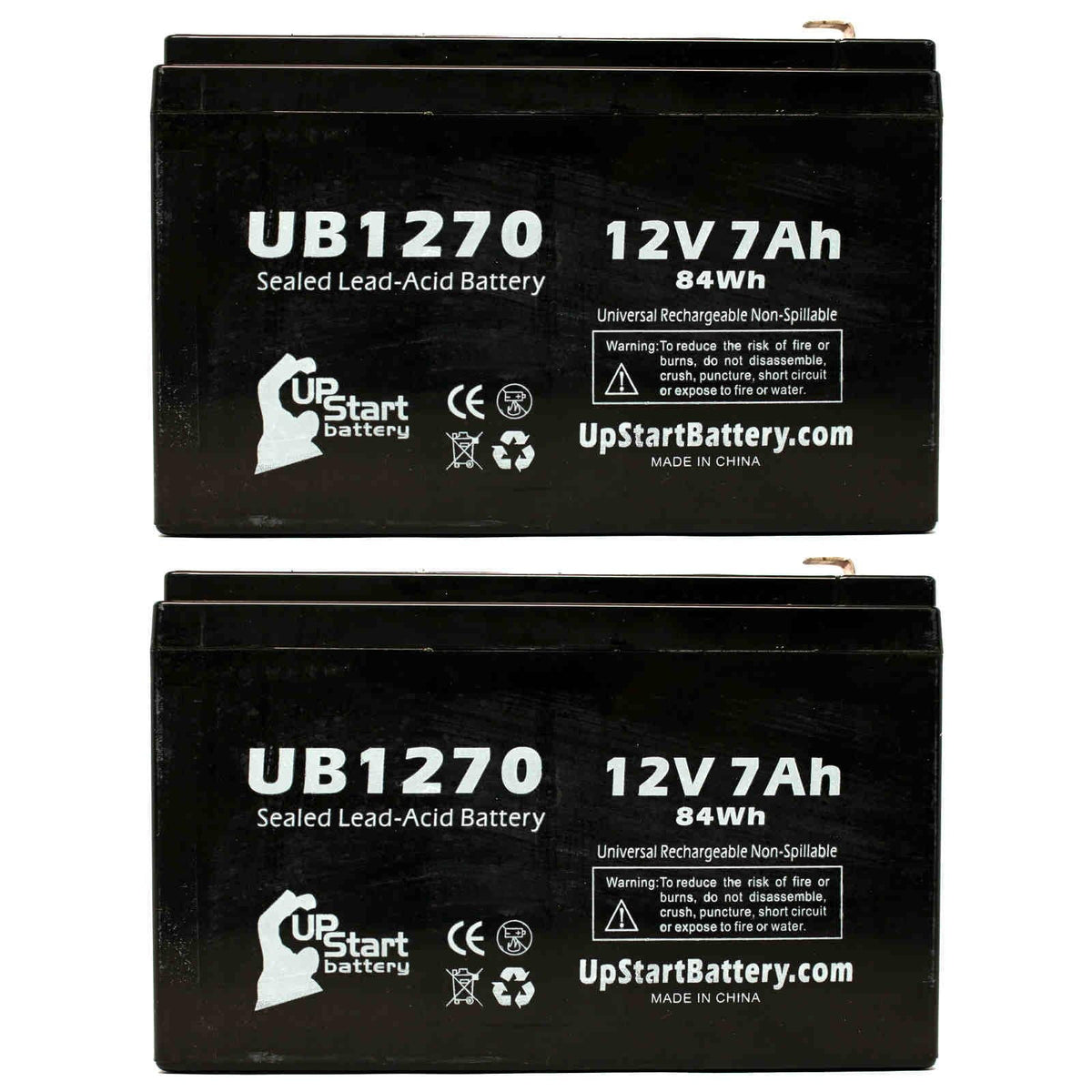 2x Pack - suitable Upsonic PCM140VR Battery - Replacement UB1270 Universal Sealed Lead Acid Battery (12V, 7Ah, 7000mAh, F1 Terminal, AGM, SLA) - Includes 4 F1 to F2 Terminal Adapters