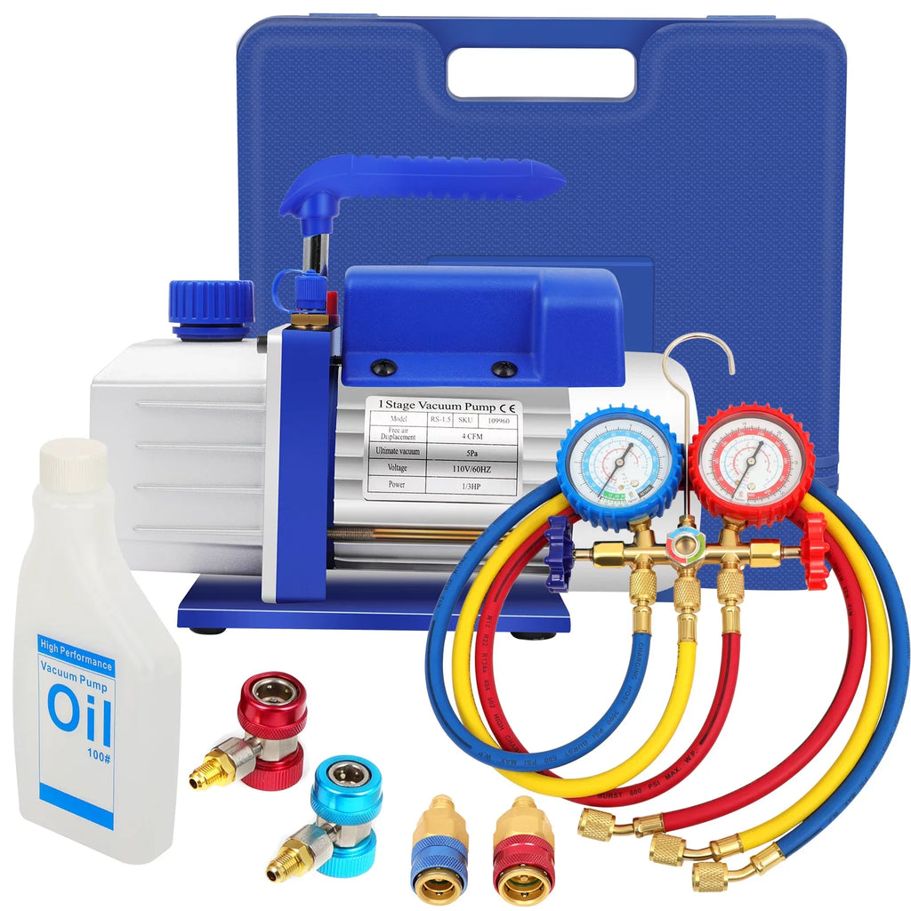 Complete Refrigerant Repair Tool Kit,1/3  4CFM HVAC Vacuum Pump,R134a AC Manifold Gauge Set With Hoses and Quick Couplers,Leak Detector For Air Conditioner