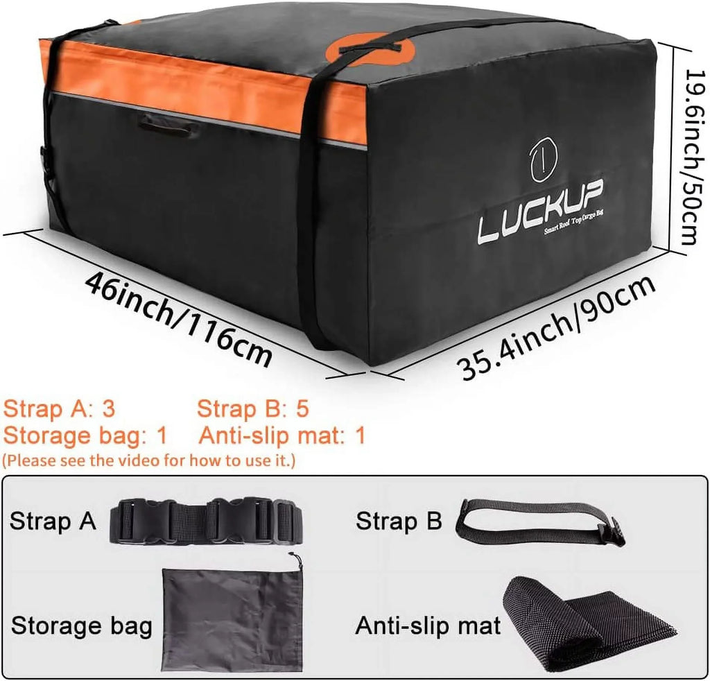LUCKUP Roof Rack Car Cargo Carrier Bag,18.5 Cubic Ft Rooftop Box, Waterproof &Durable with Anti-Slip Mat, Heavy Duty Wide Straps and Buckles, suitable for All Car Models (Black & Orange)