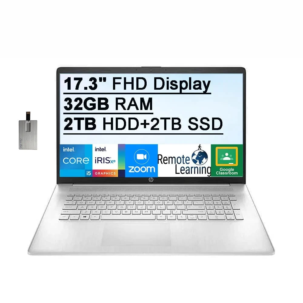 2021 17.3" FHD IPS 250 Nits Laptop Computer,  Core i5-1155G7 Processor, 32GB RAM, 2TB HDD+ 2TB SSD, Backlit Keyboard,  Iris Xe Graphics, HD Webcam, HD Audio, Win11, Silver, 32GB USB Card