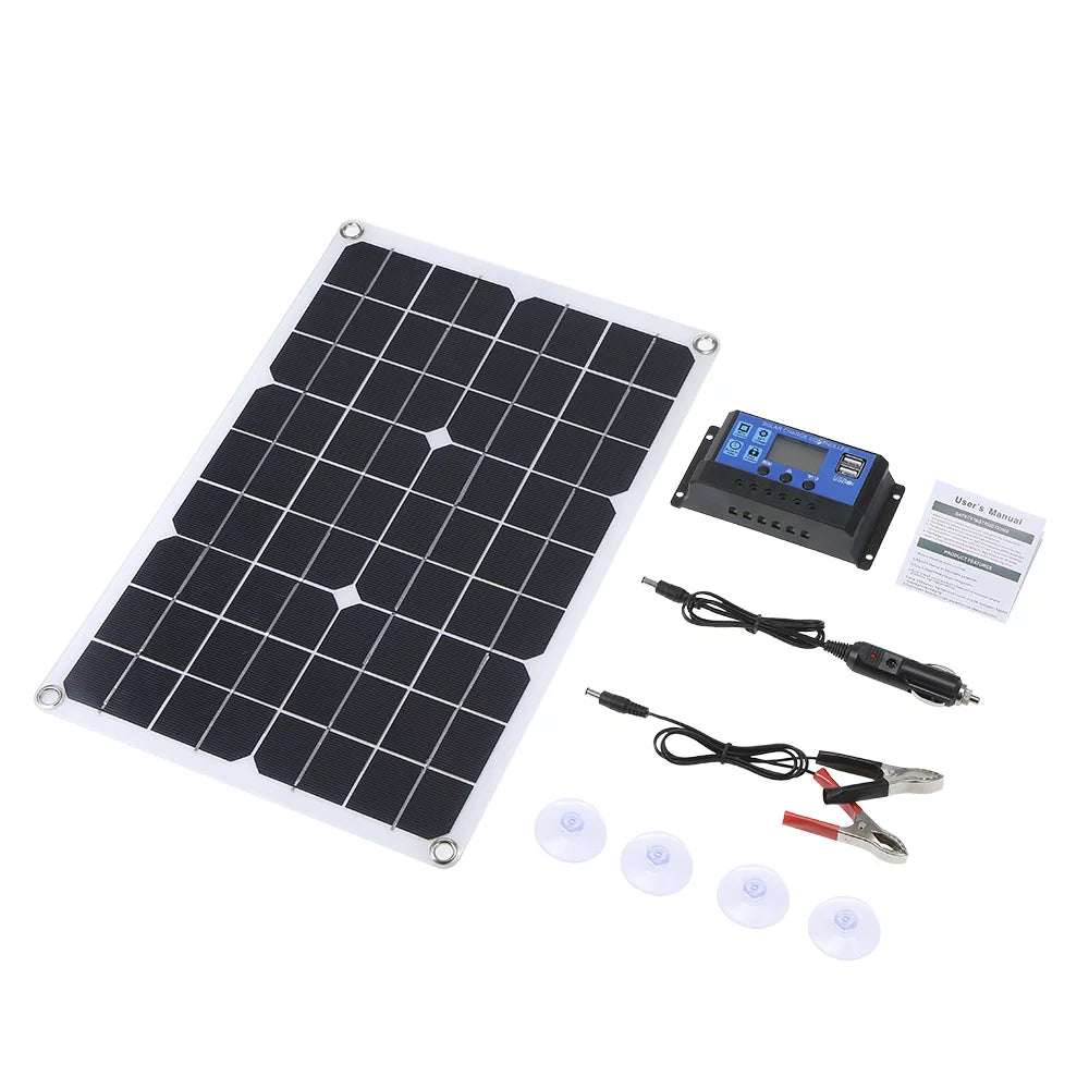 50W DC 5V/18V Dual Output Solar Panel with 2 USB Ports & Car Charge IP65 aqua Resistance /24V Solar Charge Controller PWM Intelligent Regulator