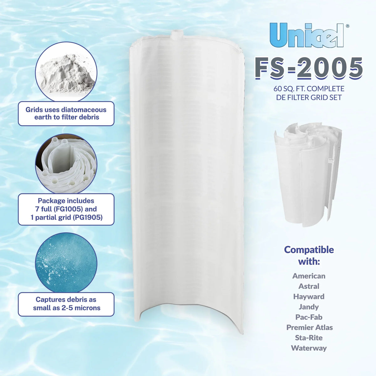 complete DE Filter Grid Set (7 Full 1 Partial). Ft. Unicel DE FS-2005 60 Sq