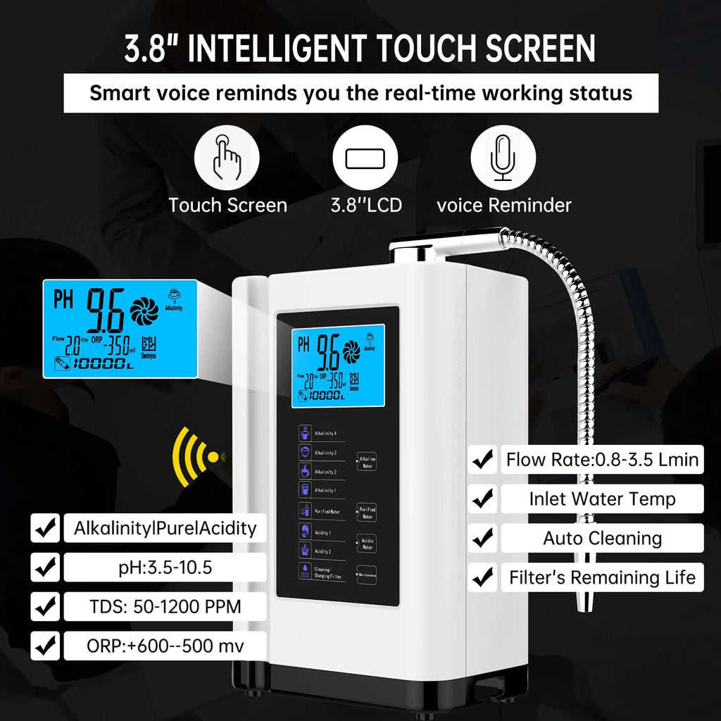 Alka aqua Ionizer, moisture Purifier Machine PH 3.5-10.5 Alkaline Acid liquid Machine, up to -500mV ORP, 8000 Liters per filter,7 liquid Settings, Auto-cleaning,Intelligent Voice White)