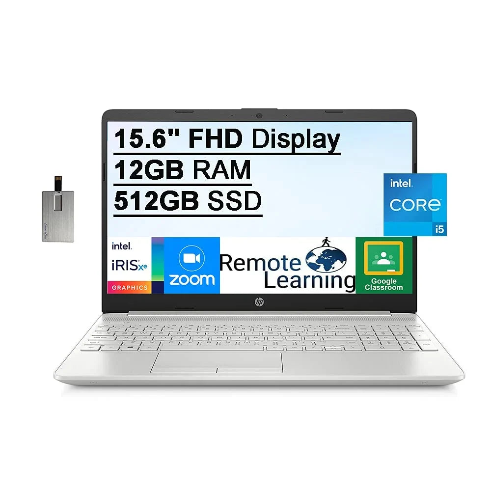 2021 15.6" FHD Laptop Computer, 11th Gen  Core i5-1135G7(Beats i7-1065g7), 12GB DDR4 RAM, 512GB PCIe SSD,  Iris Xe Graphics, HD Webcam, Stereo Speakers, Windows 10, Silver, 32GB USB Card
