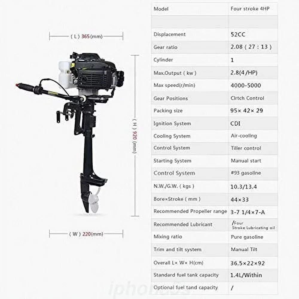 Miumaeov Outboard Trolling Motor 3.6HP 2 Stroke Inflatable Shaft Fishing ship Engine Propeller CDI Control Air Cooling System Heavy Duty Tiller Shaft