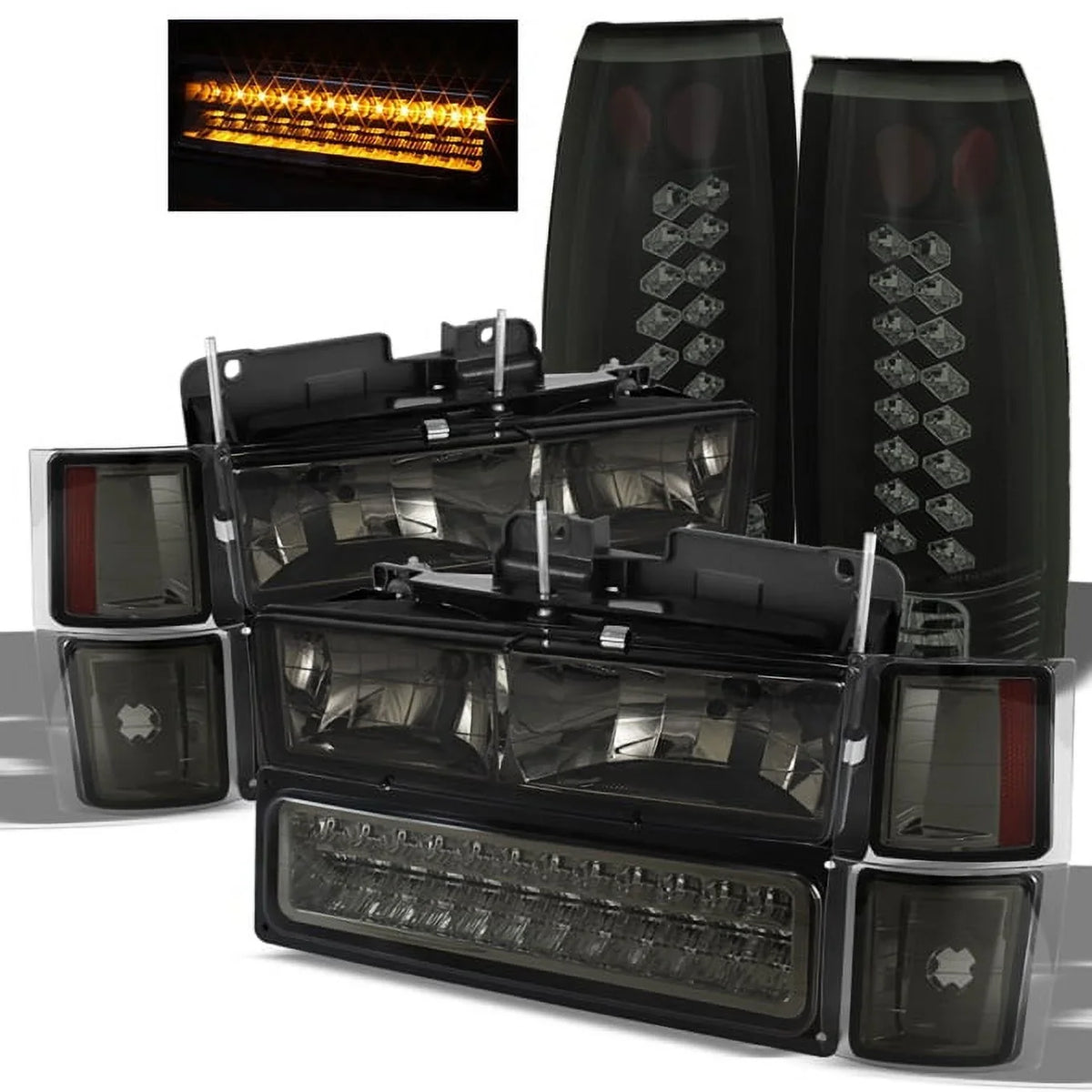 Fits Smoke 94-98 Chevy C10 C/K Headlights+LED Bumper+Black Smoke LED Tail Lights Fits select: 1994-2000 CHEVROLET GMT-400, 1995-2000 CHEVROLET TAHOE