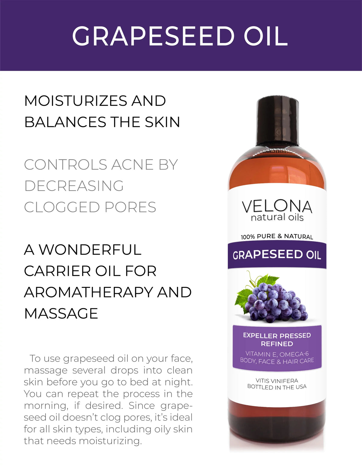 Velona Grapeseed Oil - 32 oz | 100% Pure and Natural Carrier Oil | Refined, Cold pressed | Cooking, Skin, Face, Body, Hair Care
