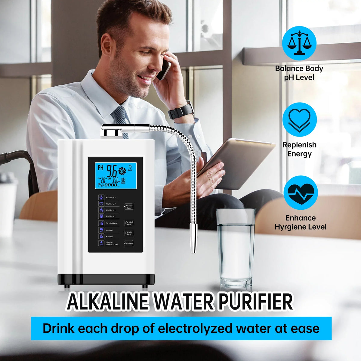 Alka aqua Ionizer, moisture Purifier Machine PH 3.5-10.5 Alkaline Acid liquid Machine, up to -500mV ORP, 8000 Liters per filter,7 liquid Settings, Auto-cleaning,Intelligent Voice White)