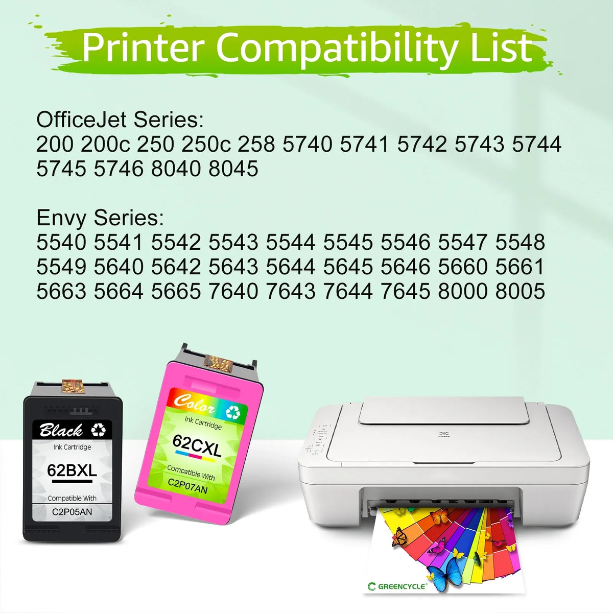 GREENCYCLE 62XL Ink Cartridges Replacement for  High Yield 62 XL matching with Envy 5540 5640 5660 7644 7645 OfficeJet 5740 8040 OfficeJet 200 250 (2 Tri-Color)
