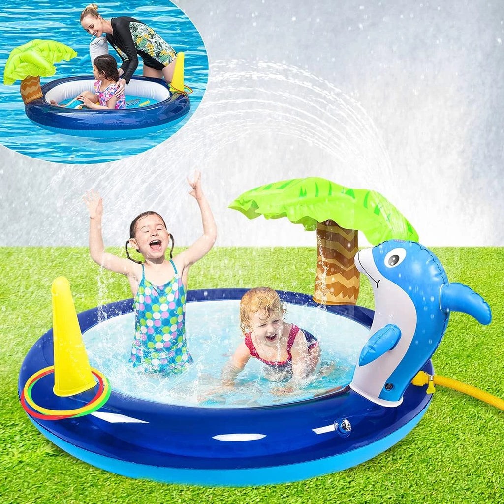 Kid Inflatable Swimming Pool, Blow Up Pool, Outdoor toys, Toddler Swimming Pool With Dolphin Sprinklers, Blue