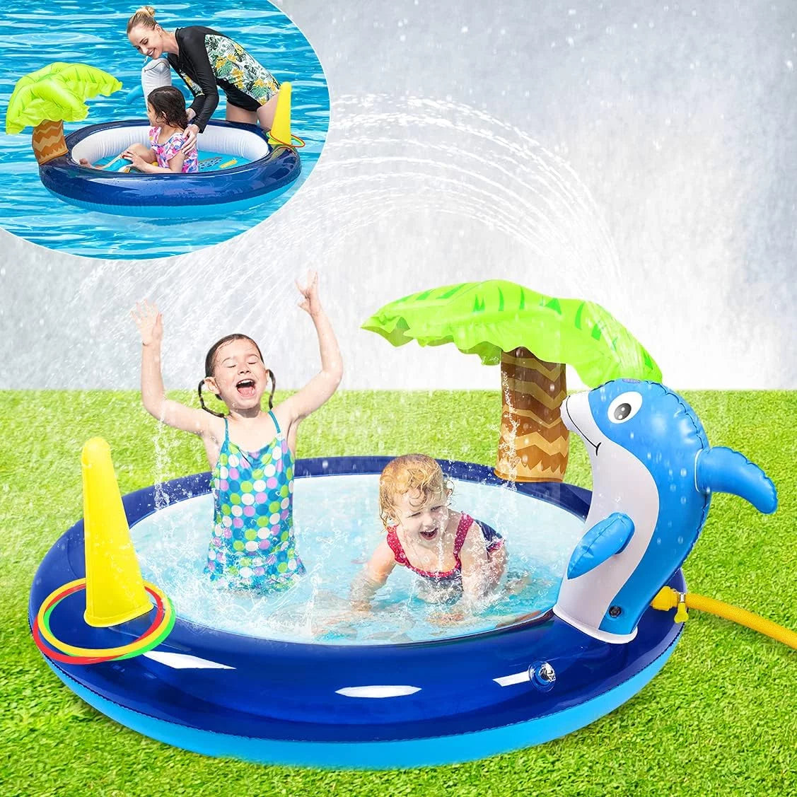 Kid Inflatable Swimming Pool, Blow Up Pool, Outdoor toys, Toddler Swimming Pool With Dolphin Sprinklers, Blue