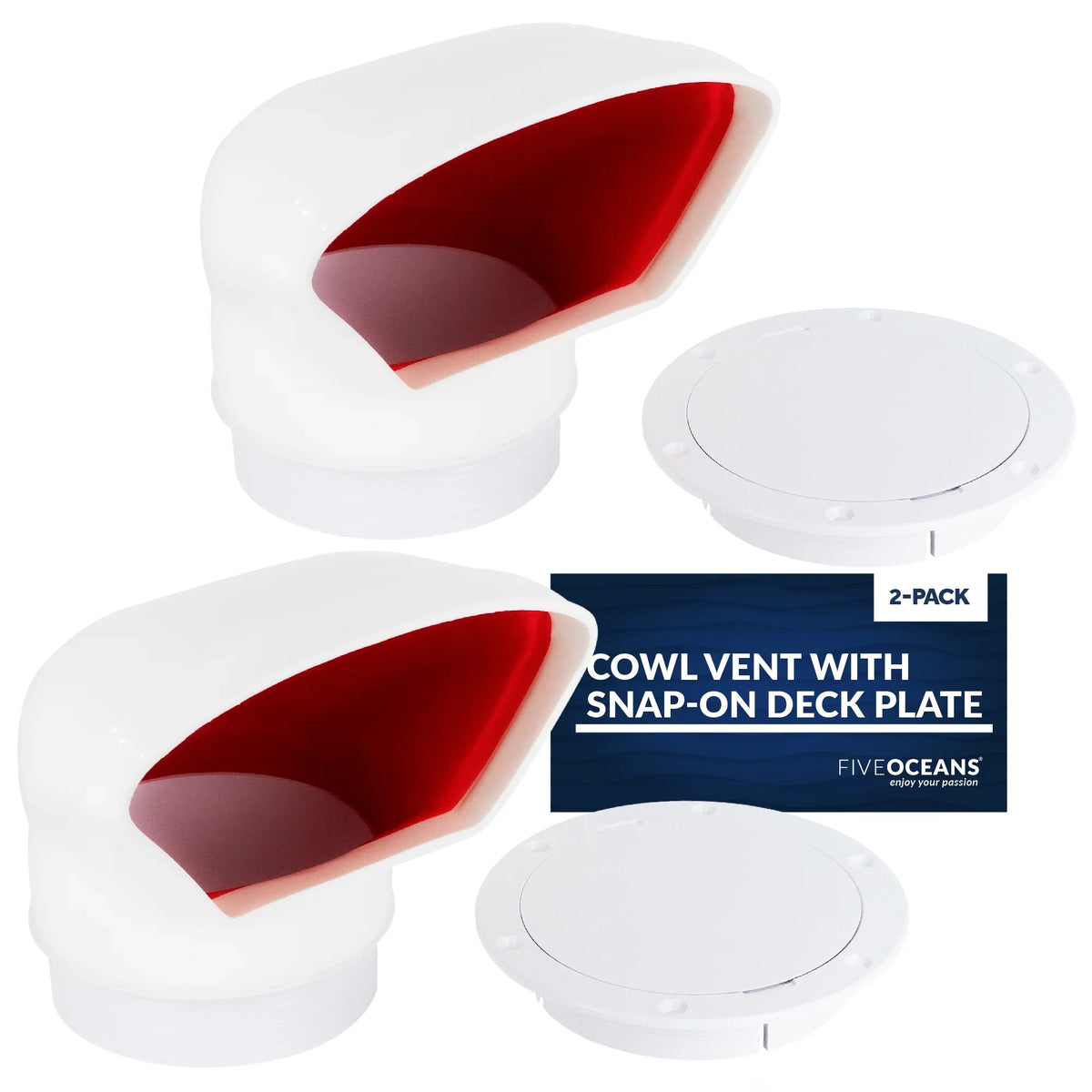 Five Oceans  3-Inch Cowl Vent with Snap-On Deck Plate and protector, 2 Pack Low Profile UV-impervious and Flexible PVC, Red Interior, for Air Intake or Cabin Ventilation - FO88-M2