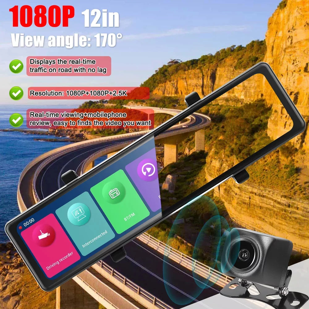 Andoer 3 Cameras Dash Cam 12in 2.5K Clear Car Rearview Mirror Car Video Recording Touched Screen Car Recorder Carplay Auto Driving Recorder
