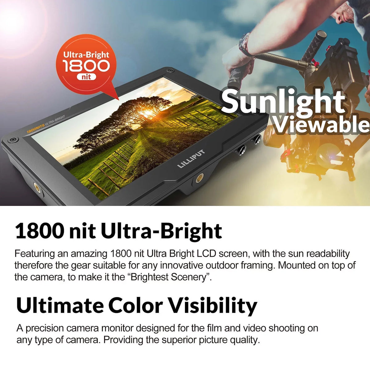 LILLIPUT H7S 7 Inch 4K Ultra Brightness On- Monitor with Full HD Resolution 1800nit Sunlight Viewable 4K- & 3G-SDI Input Output Support HDR 3D-LUT Functions for Taking Photos & Creating Movi