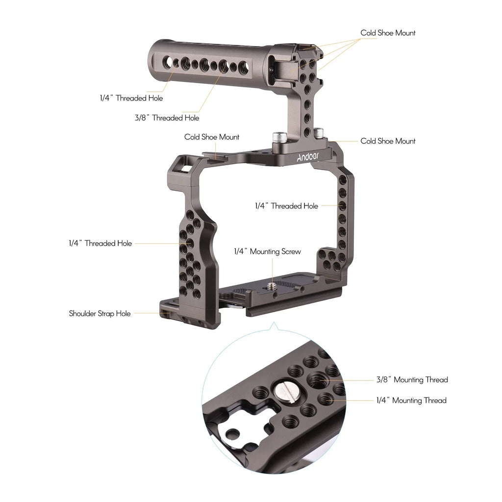 Andoer Aluminum Alloy Camera Cage Kit with Video Rig Handle Grip Replacement for  A7R III/ A7 II/ A7III