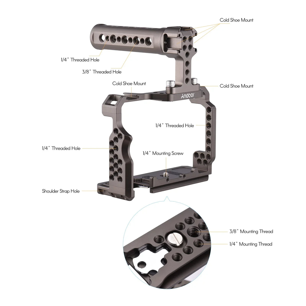 Andoer Aluminum Alloy Camera Cage Kit with Video Rig Handle Grip Replacement for  A7R III/ A7 II/ A7III