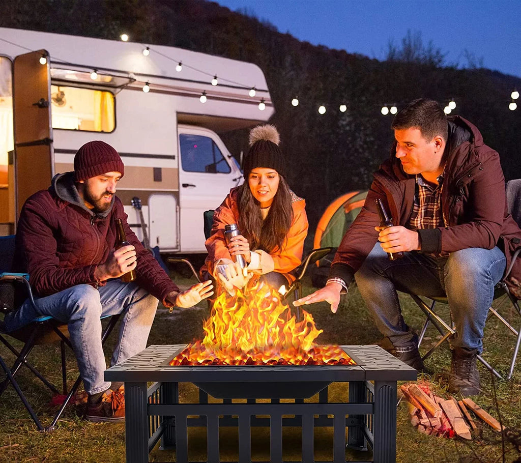Grand Patio 32" Outdoor Fire Pit, Bonfire Wood Burning Fire Pit for Outside, Square Backyard Patio Firepit Table with Spark Screen protector Safe Mesh Lid & Poker for Warmth, BBQ or Cooler