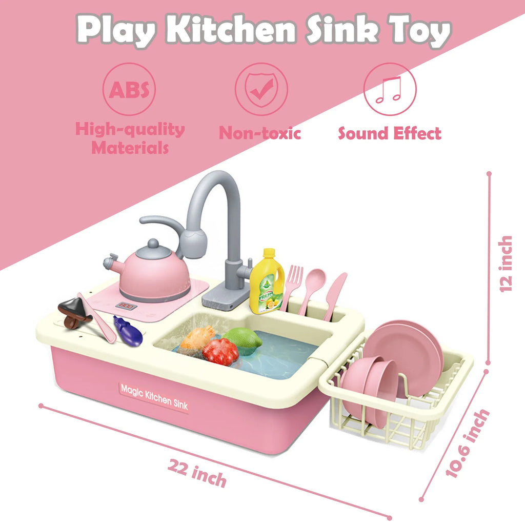 Richgv Pretend Play Kitchen Sink Toys with Running aqua, 23PCS Electric liquid Sink Toy with Play Induction Cooker Play Cutting Food, Kids Kitchen Role Play Toys for Boys Girls