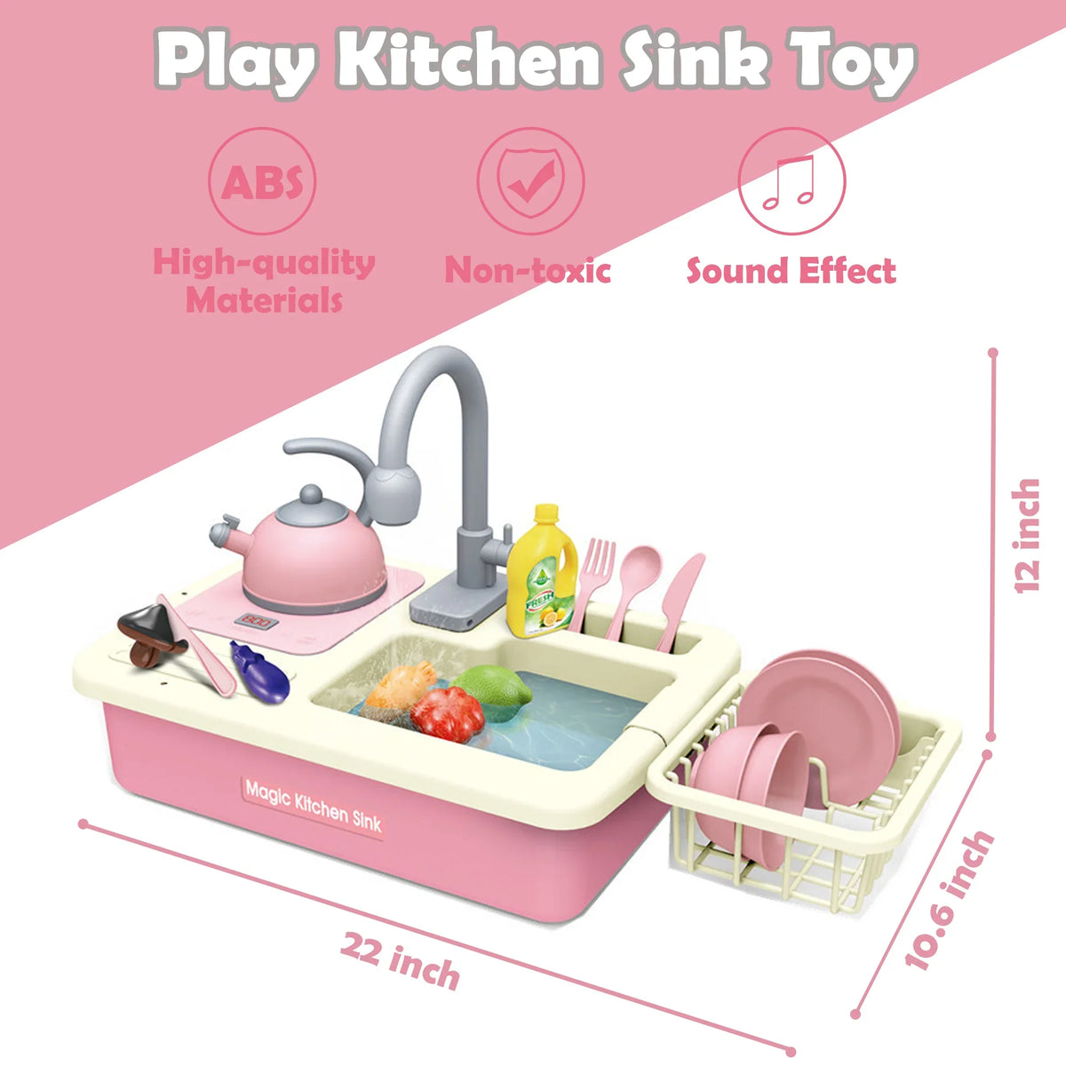 Richgv Pretend Play Kitchen Sink Toys with Running aqua, 23PCS Electric liquid Sink Toy with Play Induction Cooker Play Cutting Food, Kids Kitchen Role Play Toys for Boys Girls