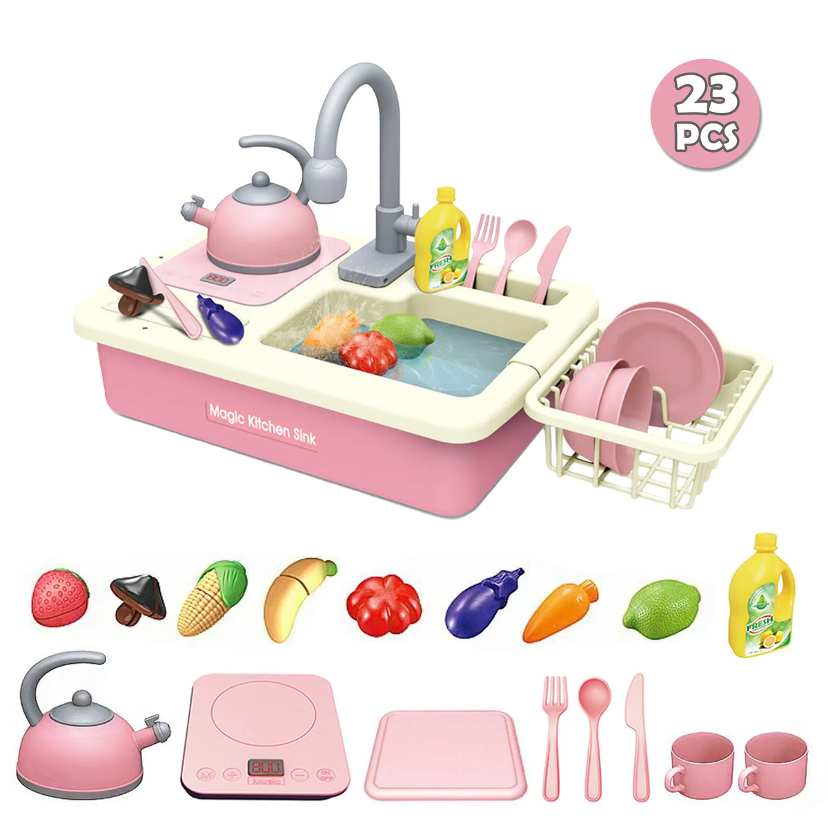 Richgv Pretend Play Kitchen Sink Toys with Running aqua, 23PCS Electric liquid Sink Toy with Play Induction Cooker Play Cutting Food, Kids Kitchen Role Play Toys for Boys Girls