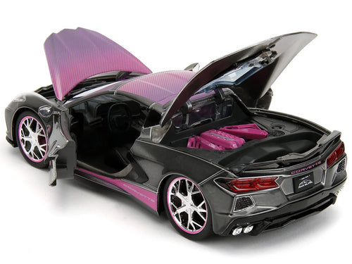 2020 Chevrolet Corvette Stingray Gray Metallic with Pink Carbon Hood and Top "Pink Slips" Series 1/24 Diecast Model Car by Jada