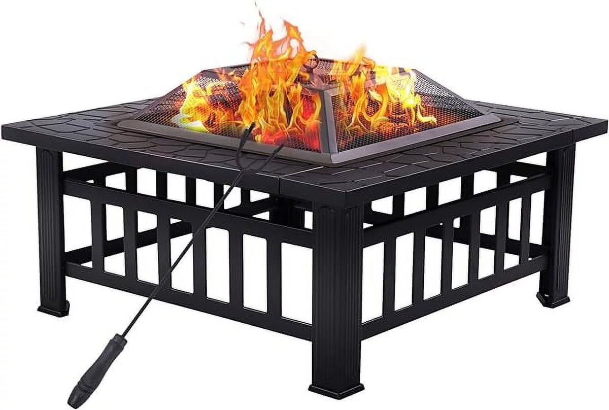 Grand Patio 32" Outdoor Fire Pit, Bonfire Wood Burning Fire Pit for Outside, Square Backyard Patio Firepit Table with Spark Screen protector Safe Mesh Lid & Poker for Warmth, BBQ or Cooler