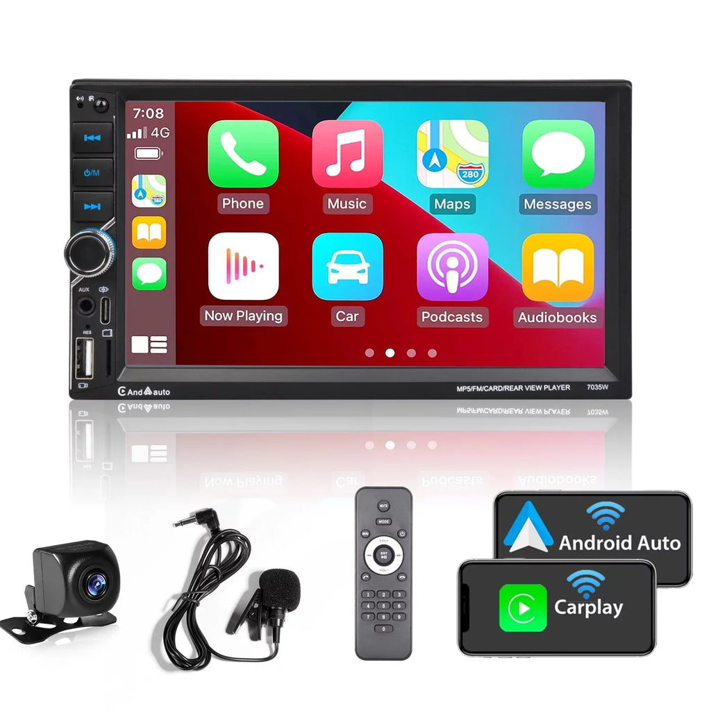 [Wireless] Double Din Car Stereo  CarPlay Android Auto Bluetooth 7" Touchscreen USB Rear Camera AM/FM Radio