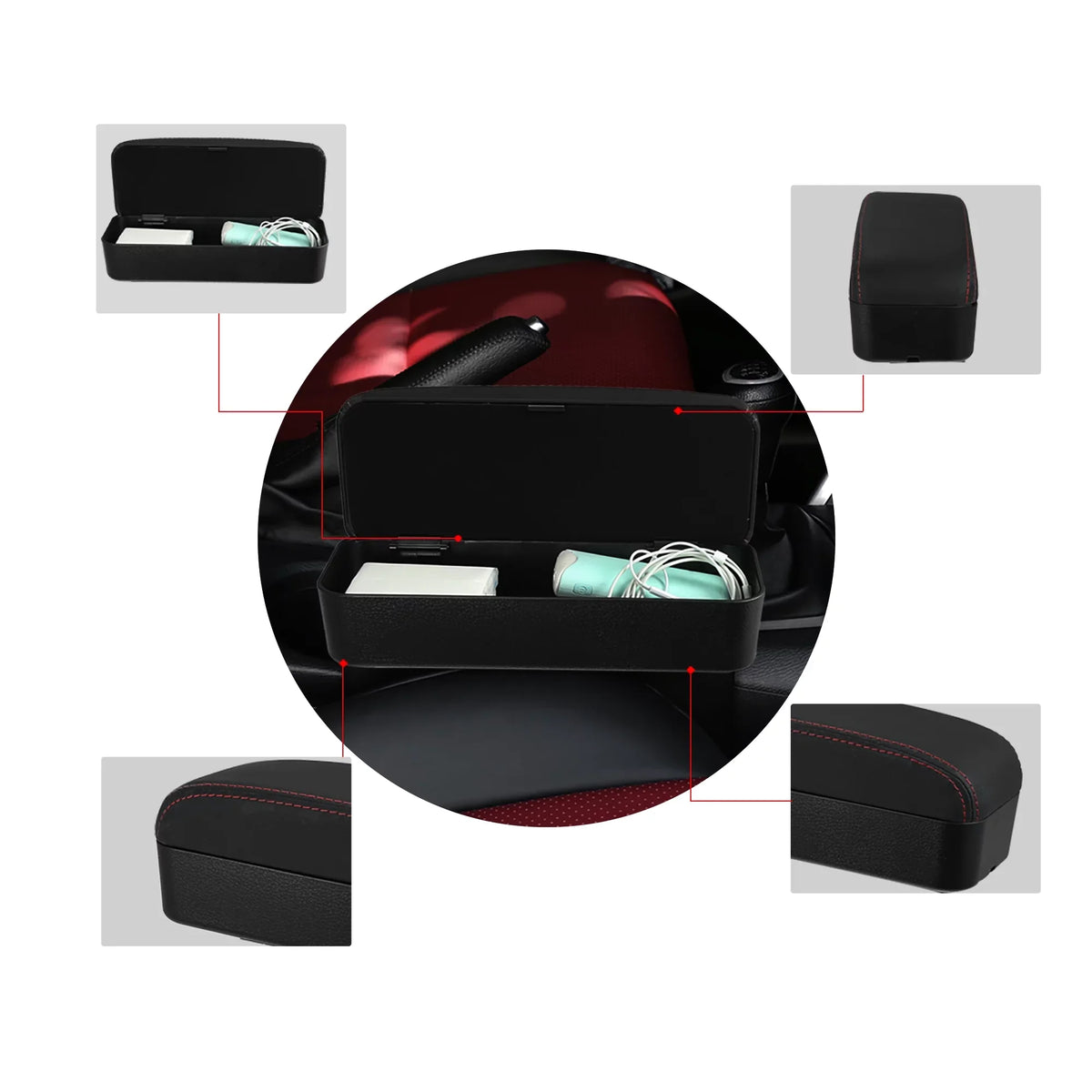 Car Center Armrest Extender Box Seat Gap Adjustable Armrest Storage Organizer Box Armrest Black PU Leather with Red Line