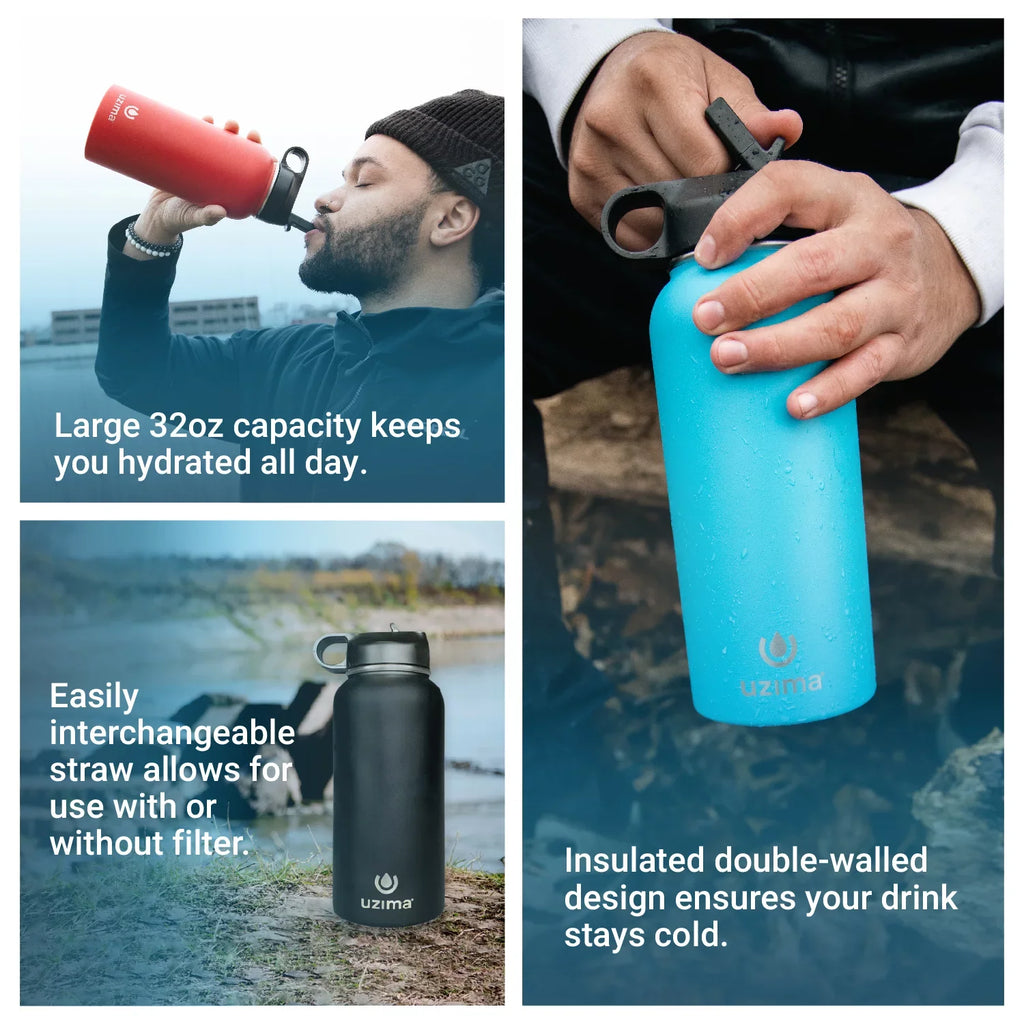Large 32oz Capacity with Double-Walled Stainless Steel Exterior .(Light Blue). moisture Purification on the Go. Uzima - Z-Source Filtered liquid Bottle for Hiking, Backpacking, Camping, and Travel