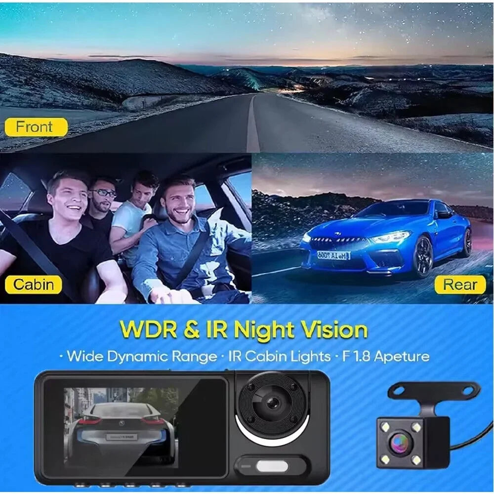 JLLOM Car Dash Cam 1080P Dual Lens Front/Rear/Inside G-sensor Video Recorder Monitor System