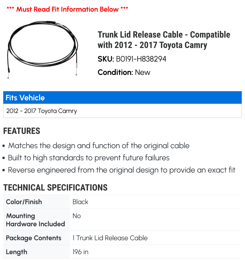 Trunk Lid Release Cable - appropriate with 2012 - 2017  Camry 2013 2014 2015 2016