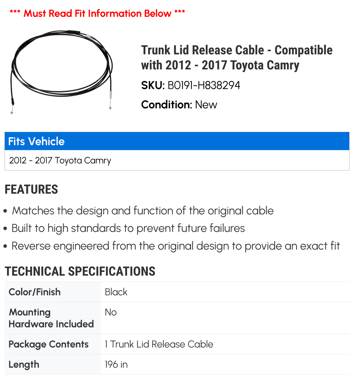 Trunk Lid Release Cable - appropriate with 2012 - 2017  Camry 2013 2014 2015 2016