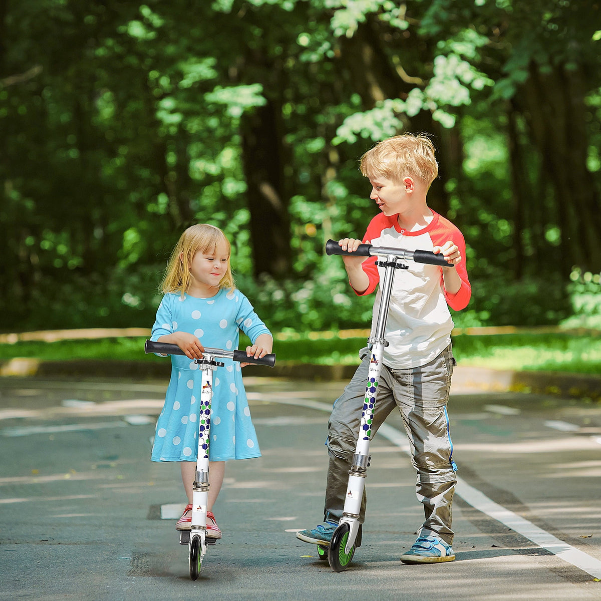 Aosom One-click Folding Kids Kick Scooter w/ Adjustable Handlebar, Push Rider with Kickstand, Dual Brake System, Durable Wheels & Sturdy Bearings, for Boys and Girls, White