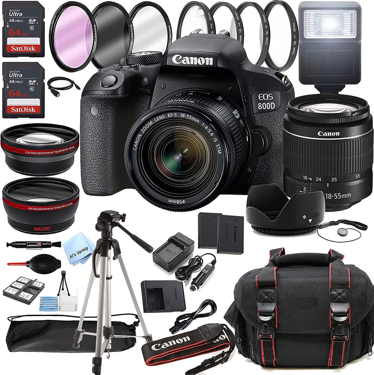 EOS 800D Rebel T7i DSLR Camera w/EF-S 18-55mm F/4-5.6 is STM Zoom Lens + 128GB Memory + Case + Tripod + Filters 36pc Bundle