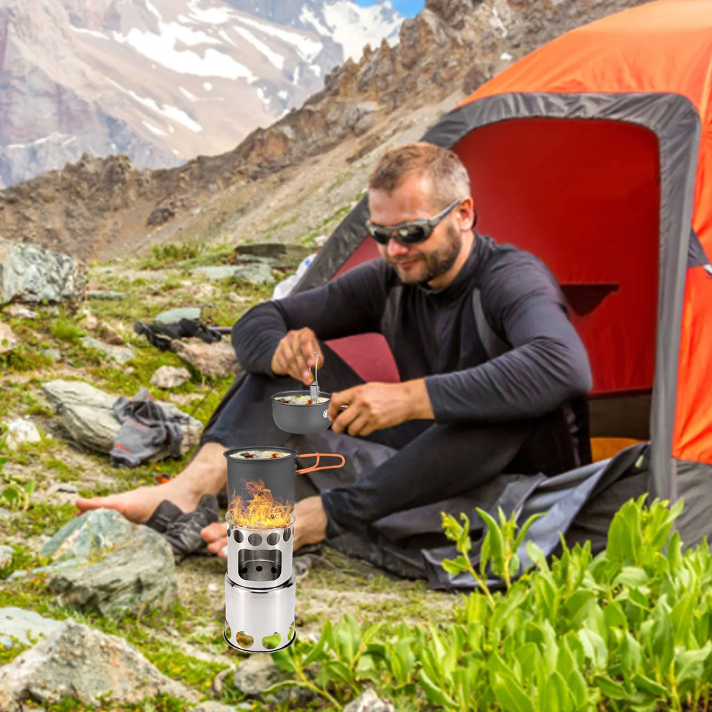 ammoon Cooking Utensils Set with Camping Stove Lightweight Aluminum Pot and Stainless Steel Cutlery Ideal for Backpacking and Picnics