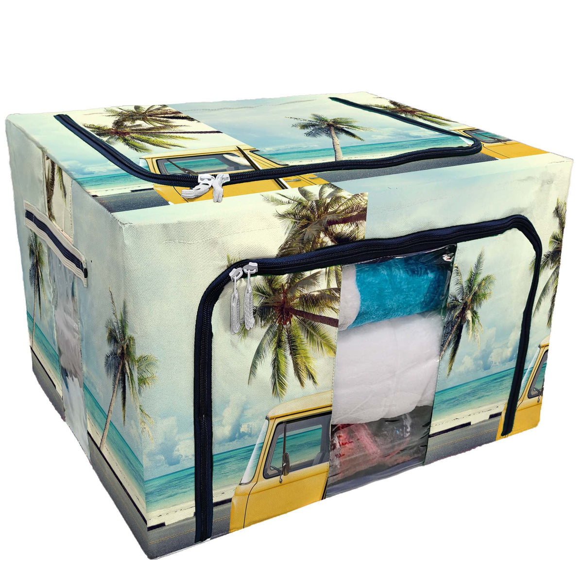 ECZJNT Vintage car on the beach surfboard Storage Bag Clear Window Storage Bins Boxes Large Capacity Foldable Stackable Organizer With Steel Metal Frame For Bedding,Clothes,Closets, Bedrooms