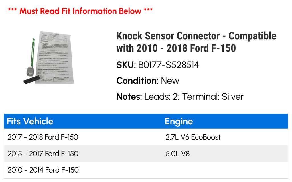 Knock Sensor Connector - appropriate with 2010 - 2018  F-150 2011 2012 2013 2014 2015 2016 2017