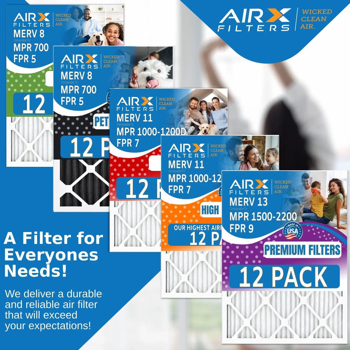 16x20x1 Air Filter MERV 13 Rating, 12 Pack of Furnace Filters Comparable to MPR 1500 - 2200 & FPR 9 - Made in USA by AIRX FILTERS WICKED CLEAN AIR.