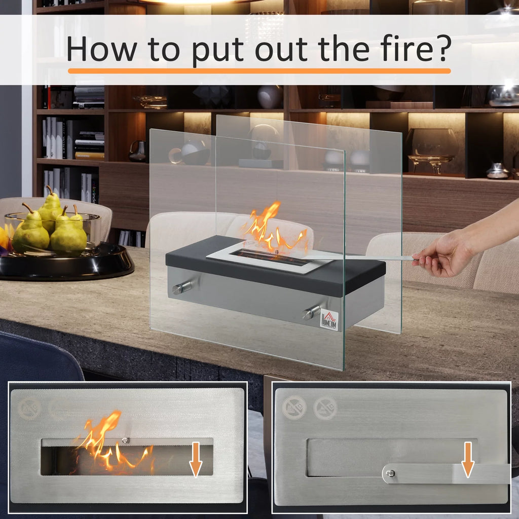 Ft., Burns up to 3 Hours, Black. HOMCOM Ethanol Fireplace, 18.5" Tabletop 0.39 Gal Stainless Steel 269 Sq