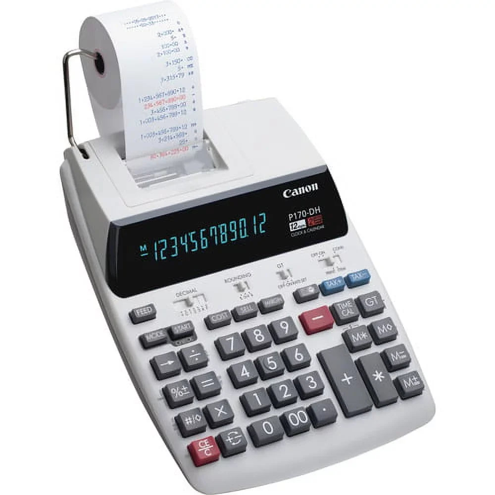 P170-DH-3 Printing Calculators Calendar, Clock, Item Count, Sign Change, Compact - 12 Digits - White - 1 Each