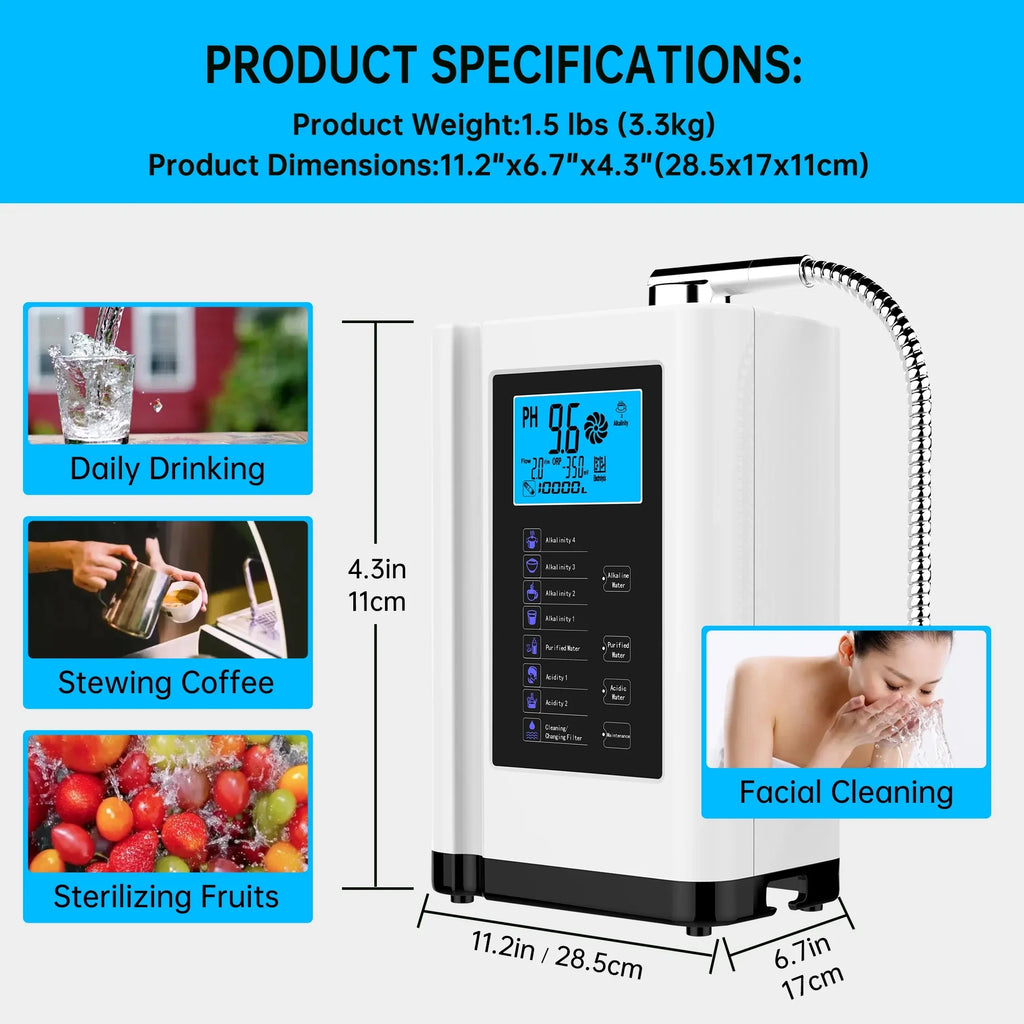 Alka aqua Ionizer, moisture Purifier Machine PH 3.5-10.5 Alkaline Acid liquid Machine, up to -500mV ORP, 8000 Liters per filter,7 liquid Settings, Auto-cleaning,Intelligent Voice White)