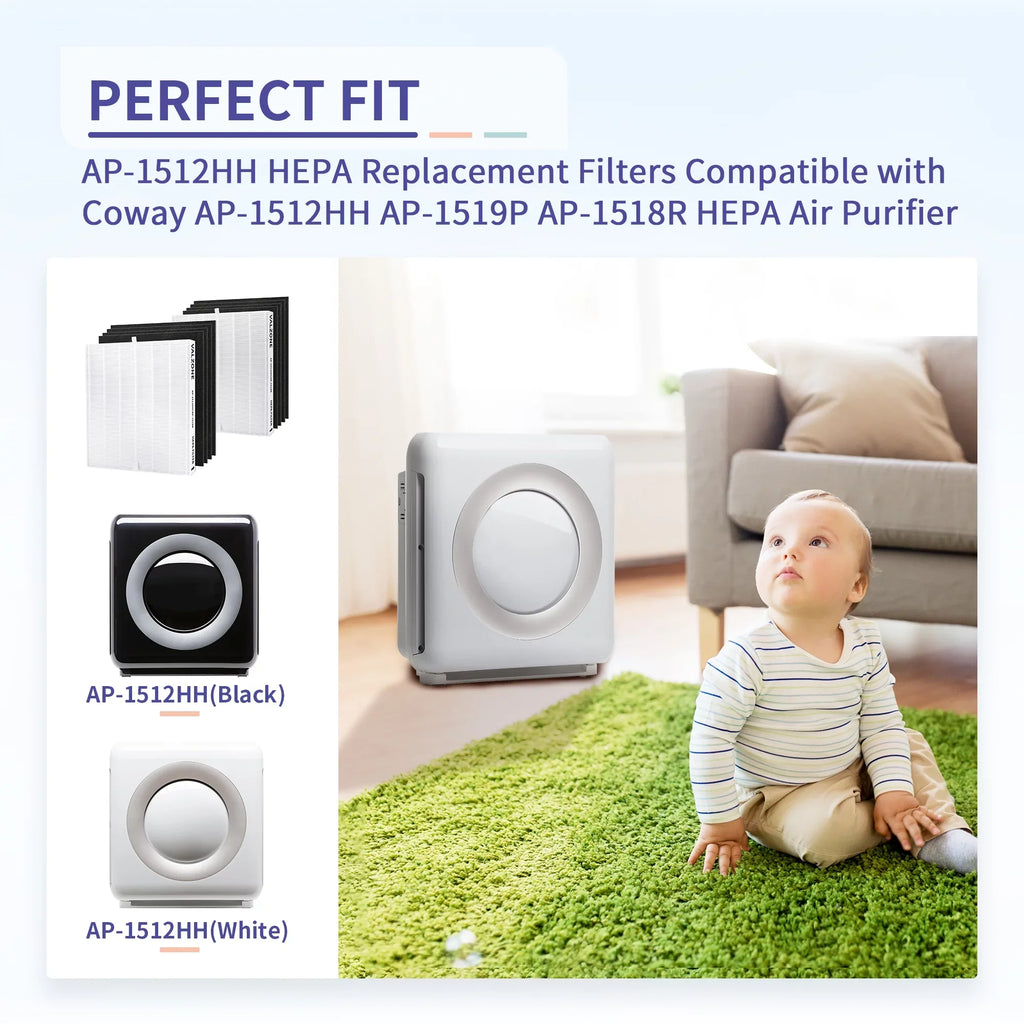 DAJDAH AP-1512HH matching with Coway Airmega 200M and Coway Air Purifier AP-1512HH AP-1519P AP-1518R, Part#3304899, Compare to AP-1512HH-FP | 2 HEPA Filter + 8 Pre-Cut Carbon Filter