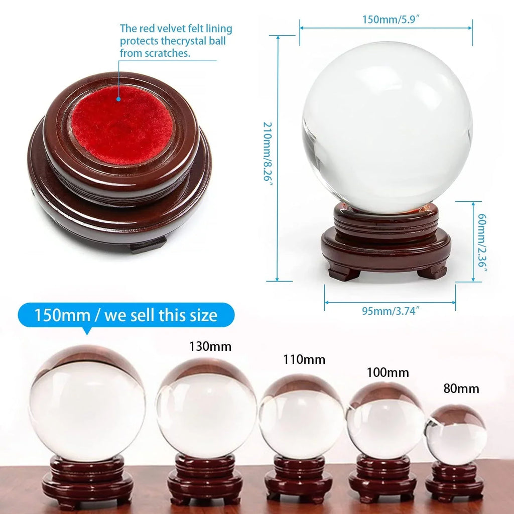 bimiti 5.9" Clear Crystal Glass Ball, 150mm Large Glass Marbles Sphere Magic Witch Ball with Wood Stand for Gift